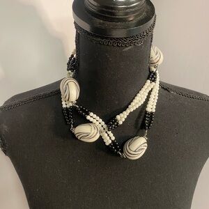 Elegant Black and White Beaded Necklace with Matching Earrings